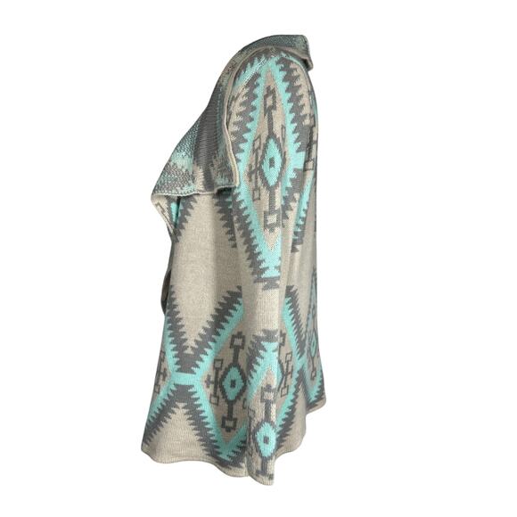 Renee C Aztec Print Cardigan Sweater Wool Mohair Open Front Knit Teal Tan Size S - Picture 5 of 13